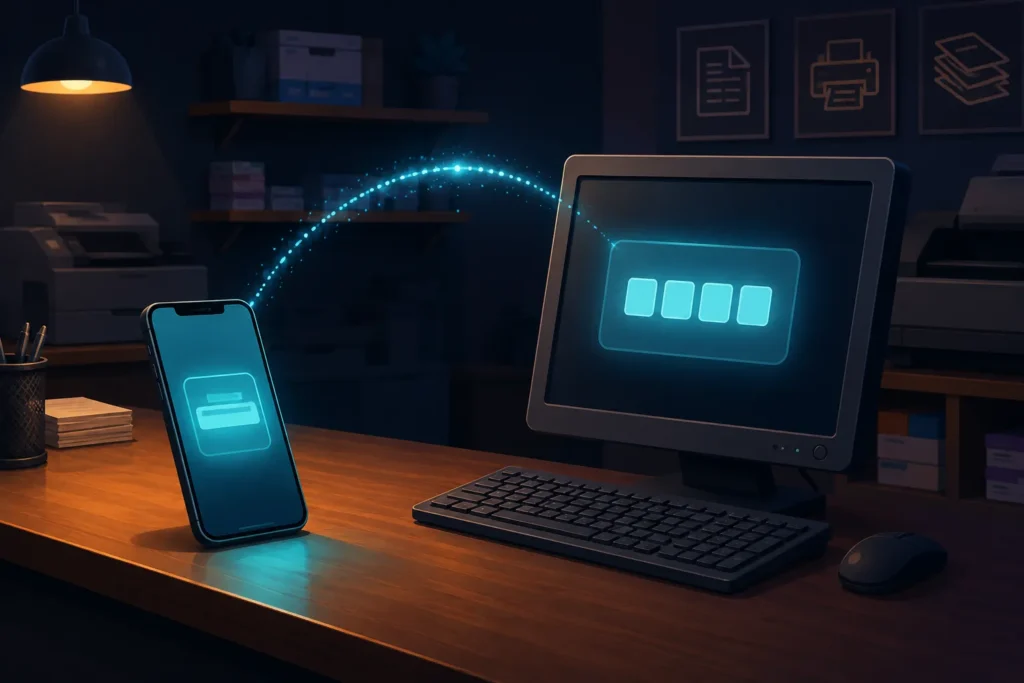 Print text from phone by transferring it to a shop computer with a PIN