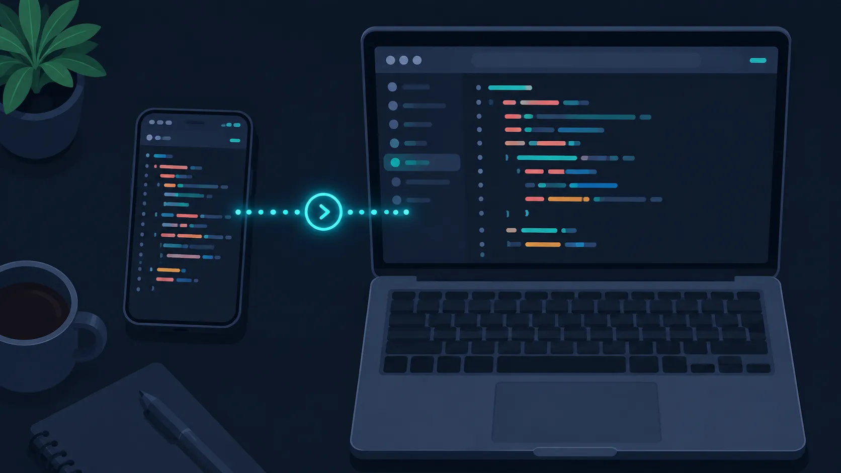Developer using a phone to share code snippet content with a laptop